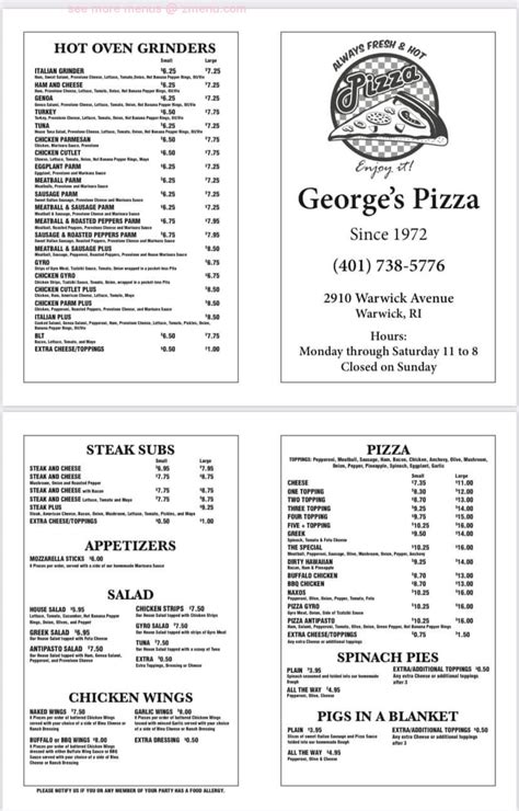 88 On time delivery. . Georges pizza of warwick menu